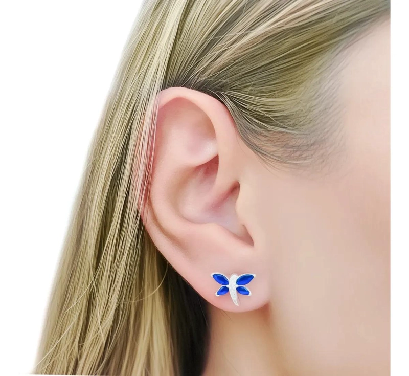 AROS DELICADOS CON DISEÑO DE LIBE LULA Y CIRCONES AZULES EN PLATA FINA 925 - 3