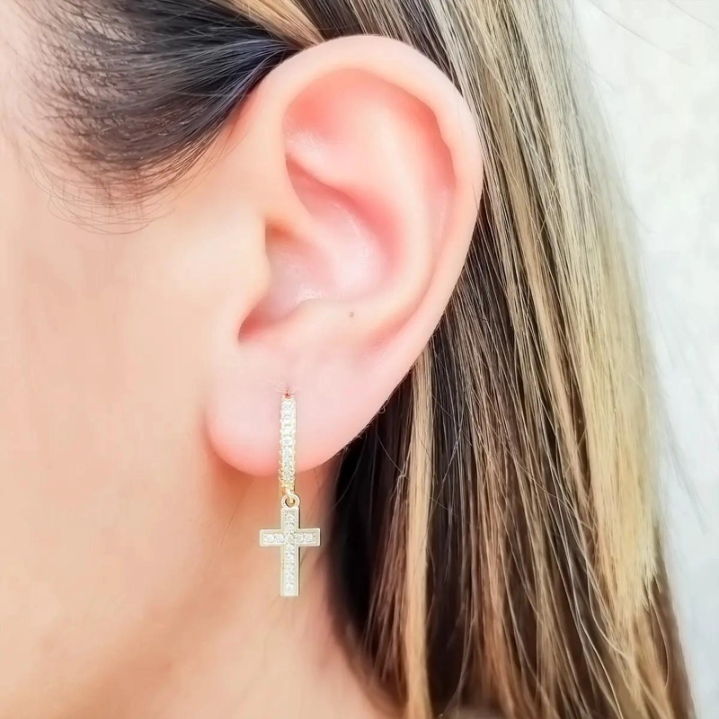 AROS ARGOLLA CON CRUZ Y CIRCON ENCHAPADO EN ORO DE 18K - 4