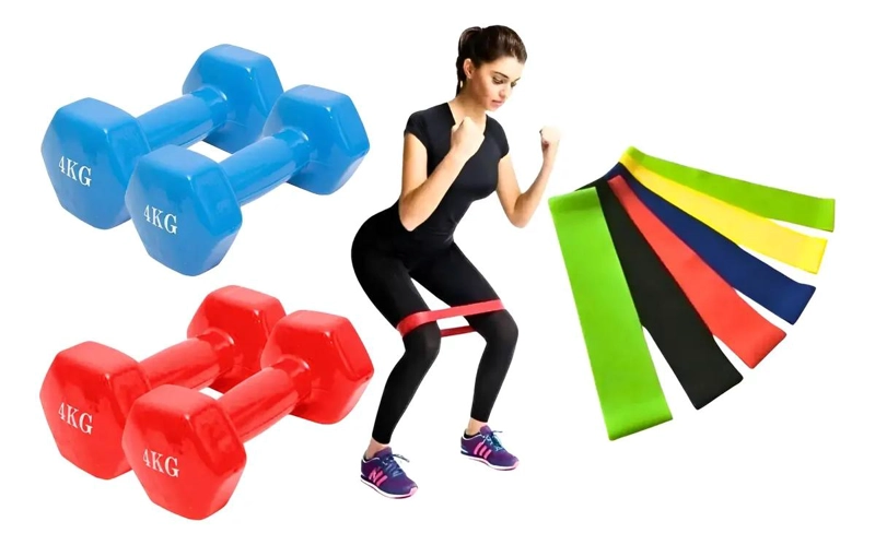SET DE BANDAS ELASTICAS Y MANCUERNAS DE 4 KG PARA ENTRENAMIENTO - 1
