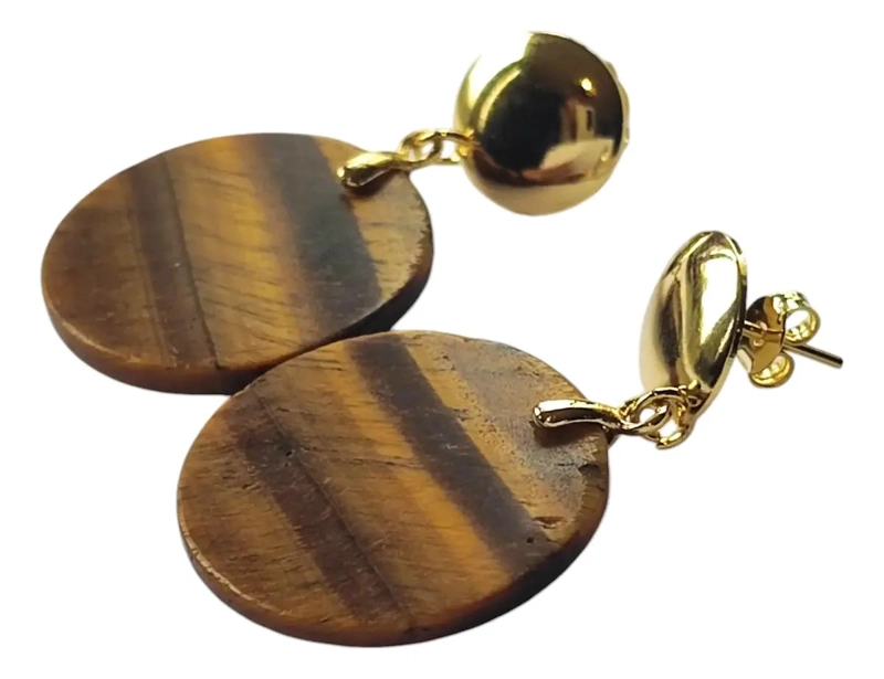 AROS REDONDOS PLANOS CON PIEDRA OJO DE TIGRE Y BAÑO EN ORO 18K - 2