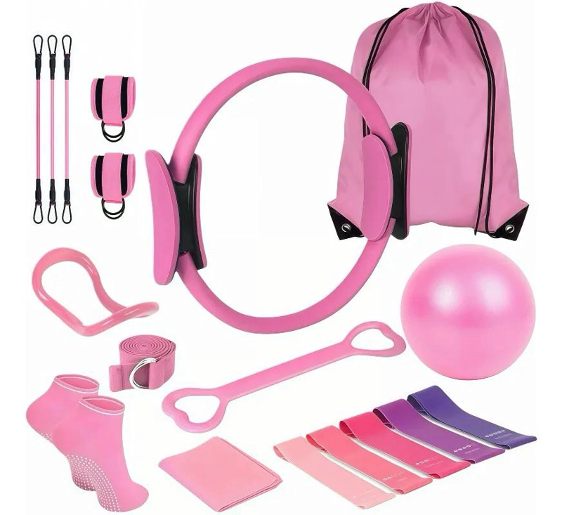 SET COMPLETO DE PILATES CON BANDAS ELASTICAS Y ARO DE RESISTENCIA ROSA - 1