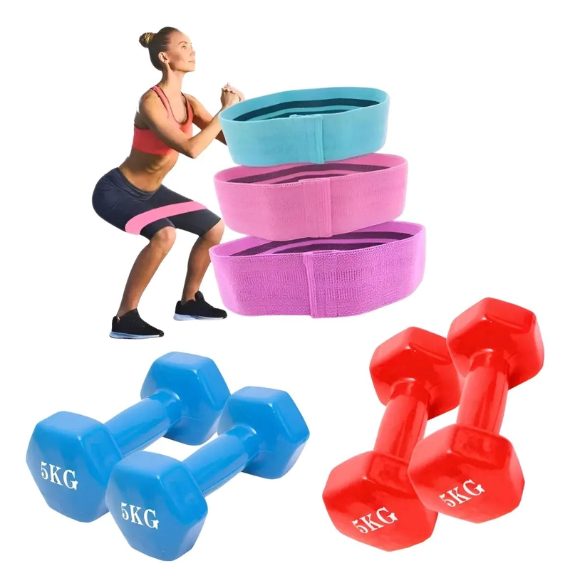 SET DE BANDAS ELASTICAS Y MANCUERNAS DE 5 KG PARA ENTRENAMIENTO - 1