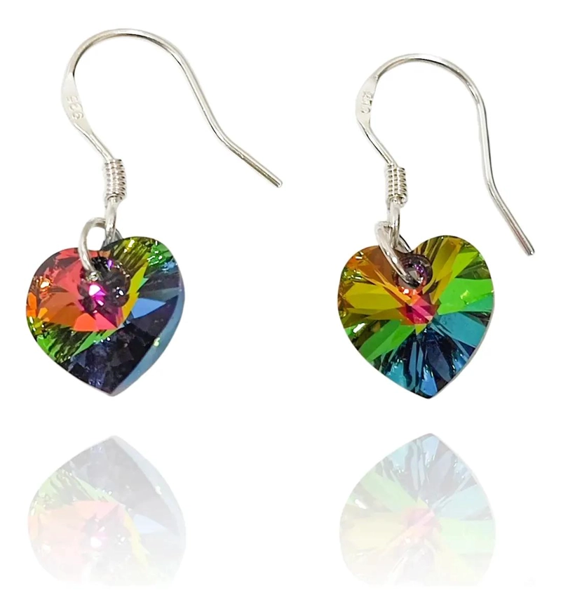 AROS CON DISEÑO DE CORAZON Y CRISTAL AUSTRIACO VITRAIL EN GANCHO DE PLATA FINA - 1