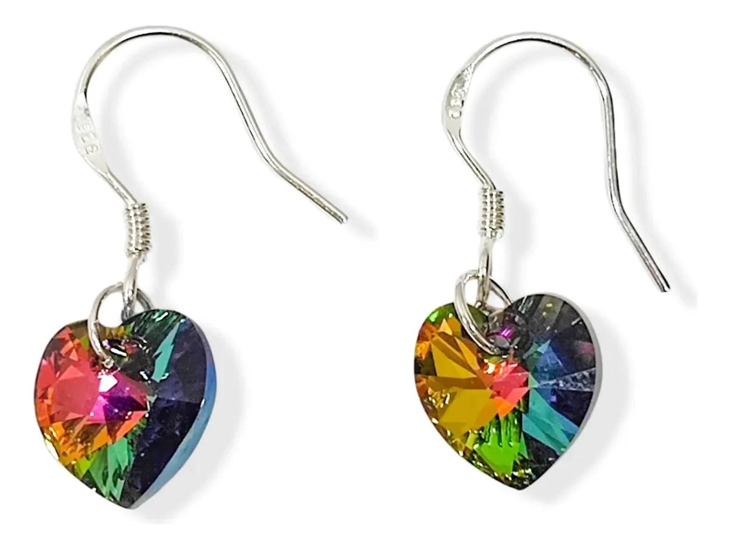 AROS CON DISEÑO DE CORAZON Y CRISTAL AUSTRIACO VITRAIL EN GANCHO DE PLATA FINA - 2