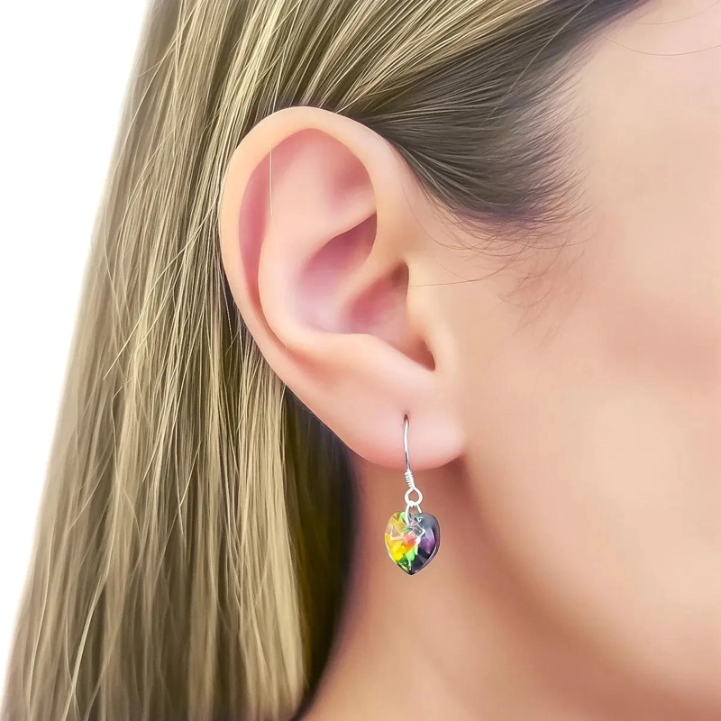 AROS CON DISEÑO DE CORAZON Y CRISTAL AUSTRIACO VITRAIL EN GANCHO DE PLATA FINA - 3