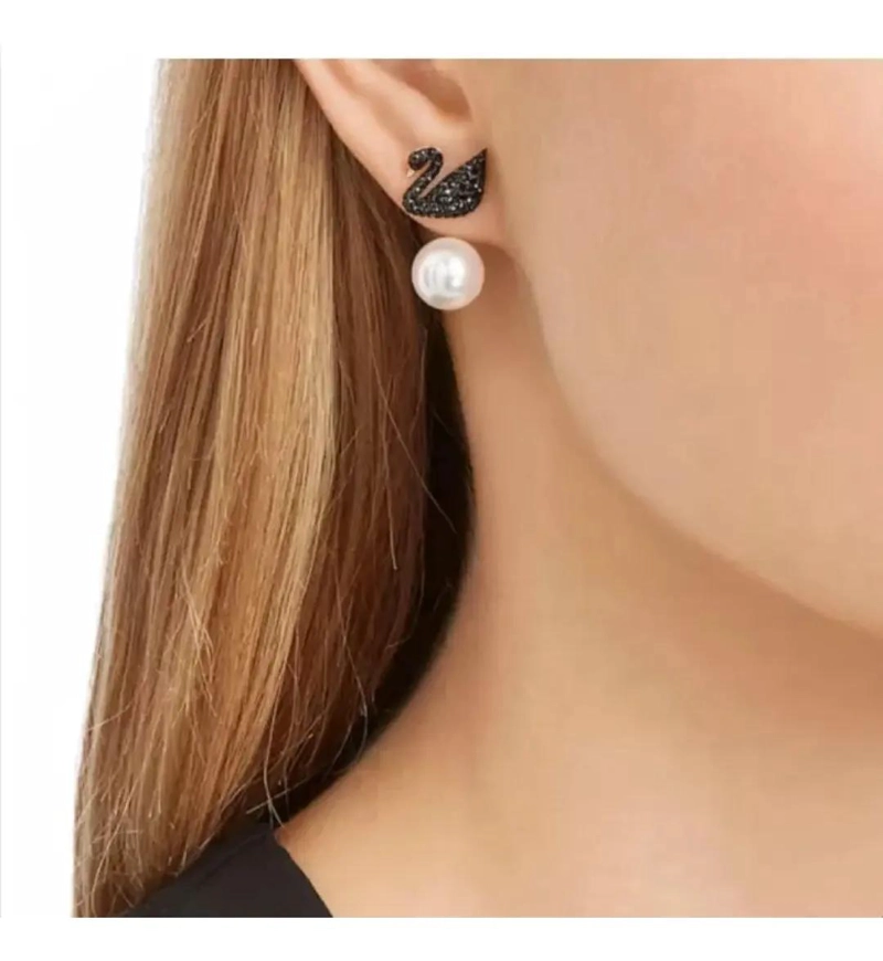 AROS ELEGANTES CON DISEÑO DE CISNE NEGRO Y PERLA COLGANTE - 2