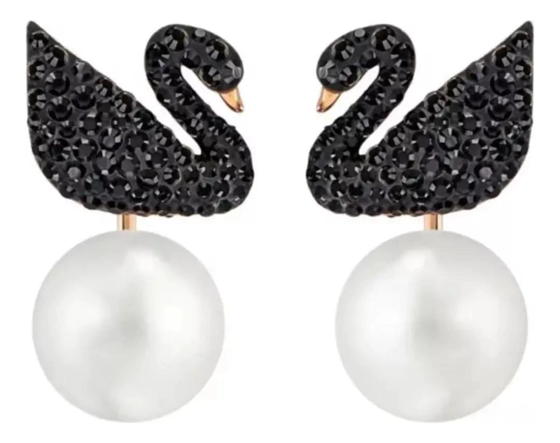 AROS ELEGANTES CON DISEÑO DE CISNE NEGRO Y PERLA COLGANTE - 3