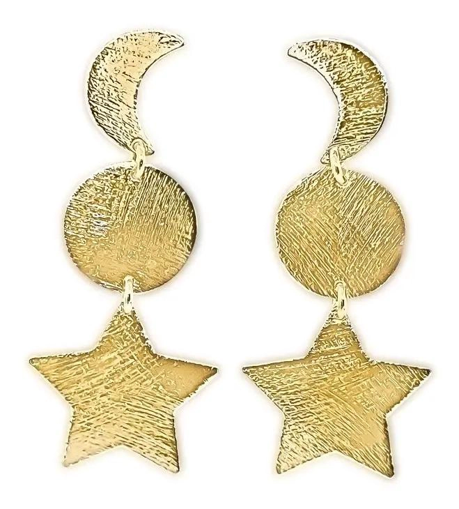 AROS CON DISEÑO DE LUNA, SOL Y ESTRELLA ENCHAPADOS EN ORO 18K - 1