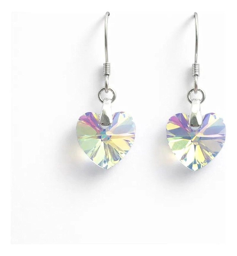 AROS DE CRISTAL CON DISEÑO DE CORAZON Y EFECTO AURORA BOREAL EN PLATA 925 - 1