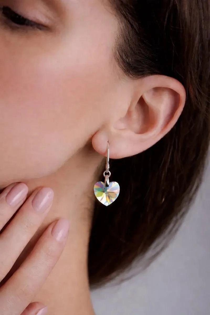 AROS DE CRISTAL CON DISEÑO DE CORAZON Y EFECTO AURORA BOREAL EN PLATA 925 - 3