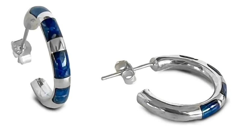 AROS ARGOLLA CON DISEÑO DE CEBRA Y LAPISLAZULI DE 20MM EN PLATA FINA 950 - 1