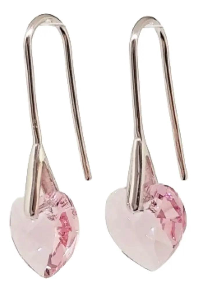 AROS COLGANTES EN FORMA DE CORAZON CON CRISTAL ROSADO DE PLATA 925 - 1