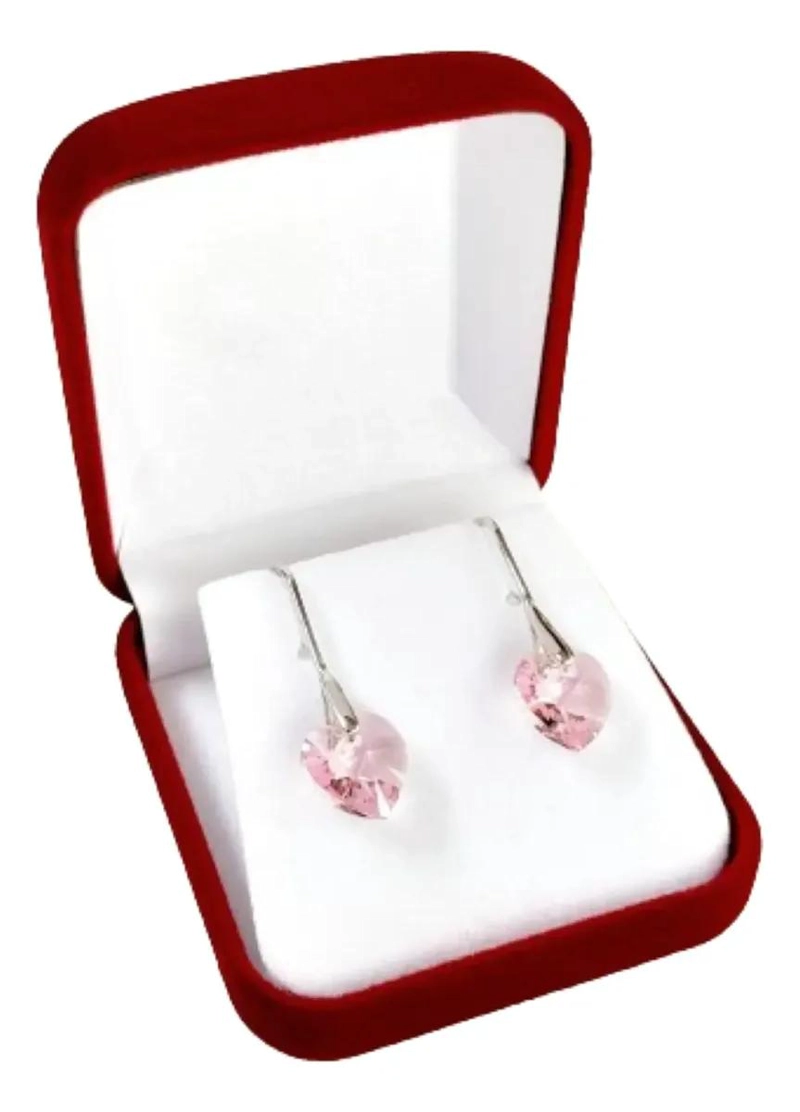 AROS COLGANTES EN FORMA DE CORAZON CON CRISTAL ROSADO DE PLATA 925 - 2