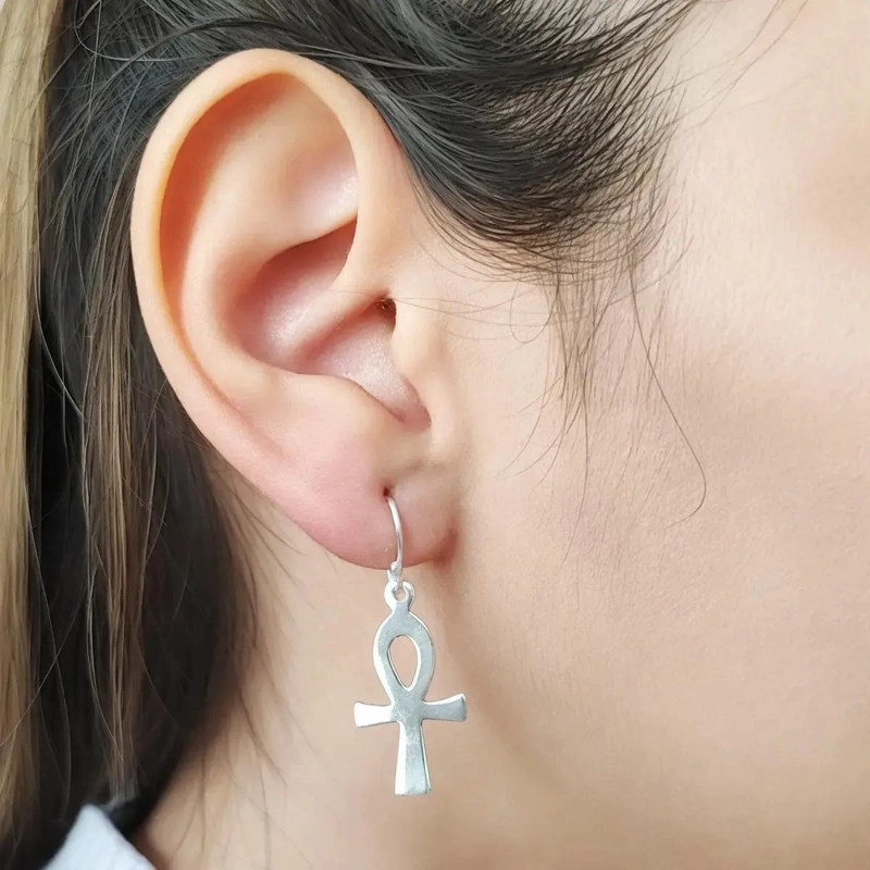 AROS CON DISEÑO CRUZ ANKH COLGANTE EN PLATA FINA 925 - 3