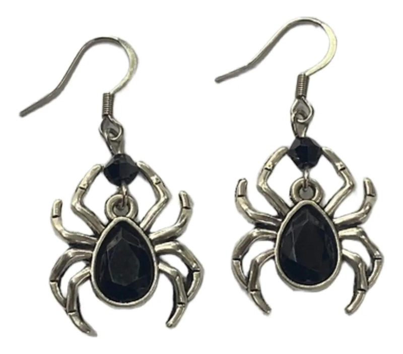 AROS PEQUEÑOS PLATEADOS CON DISEÑO DE ARAÑA Y CRISTAL NEGRO - 1
