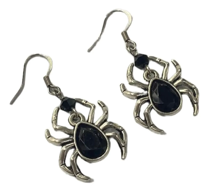 AROS PEQUEÑOS PLATEADOS CON DISEÑO DE ARAÑA Y CRISTAL NEGRO - 2
