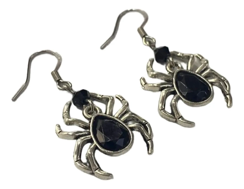 AROS PEQUEÑOS PLATEADOS CON DISEÑO DE ARAÑA Y CRISTAL NEGRO - 3