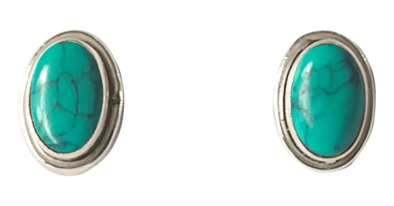 AROS BOTON OVALO CON PIEDRA TURQUESA EN PLATA FINA 925 - 1