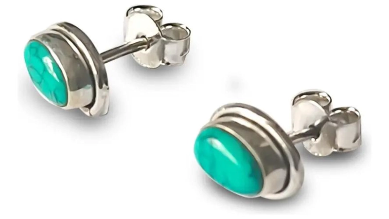 AROS BOTON OVALO CON PIEDRA TURQUESA EN PLATA FINA 925 - 2