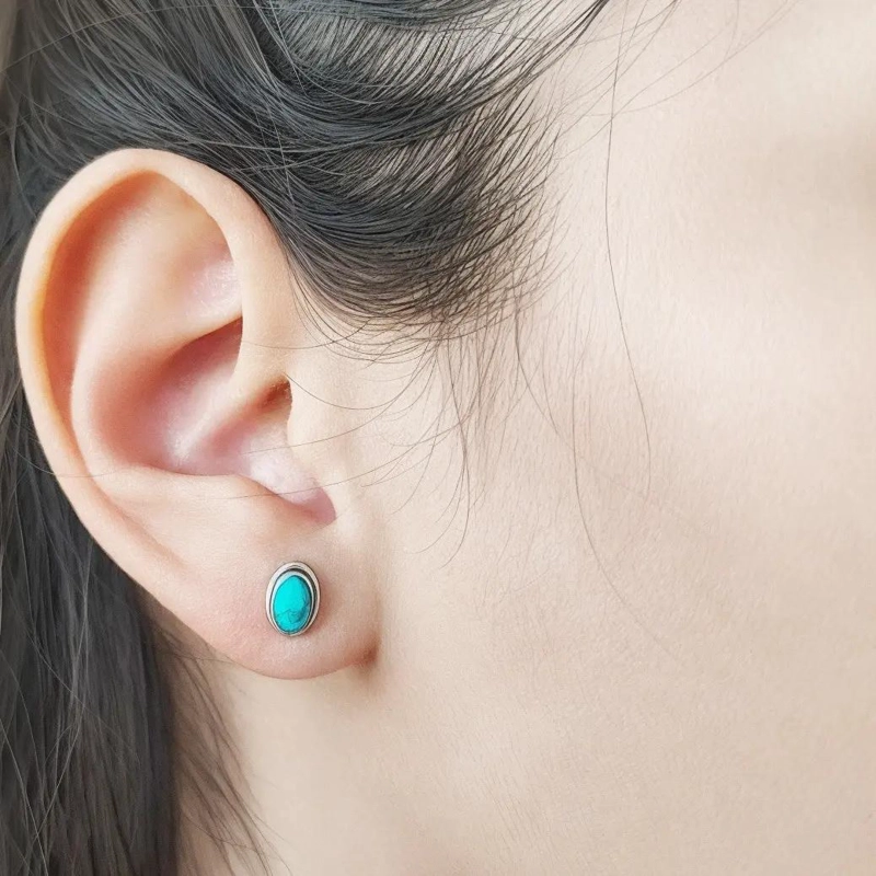 AROS BOTON OVALO CON PIEDRA TURQUESA EN PLATA FINA 925 - 3