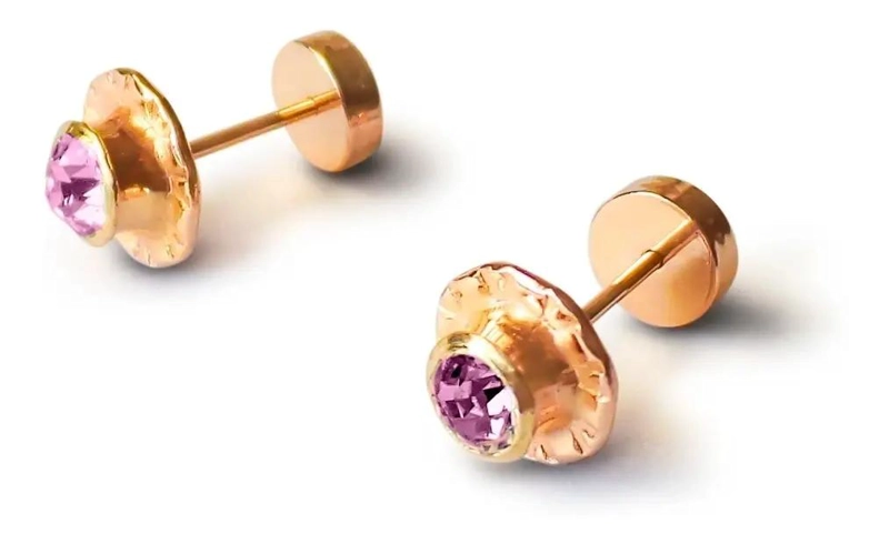 AROS PARA BEBE  NIÑA CON CIRCON ROSA DE 7MM LAMINADOS EN ORO 18K - 1