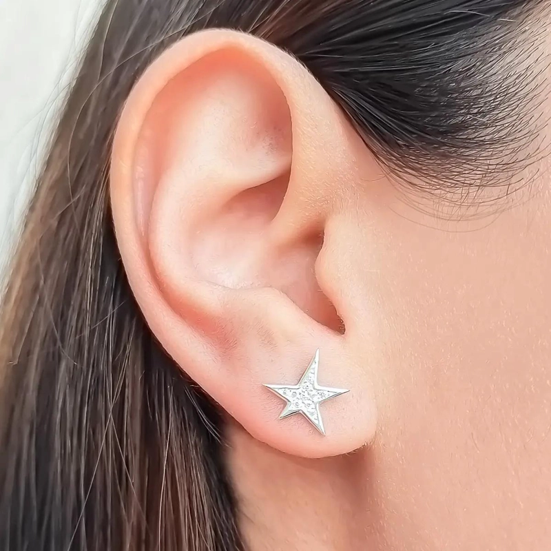 AROS DE PLATA FINA 925 CON ESTRELLAS Y CIRCON DE 11MM - 1