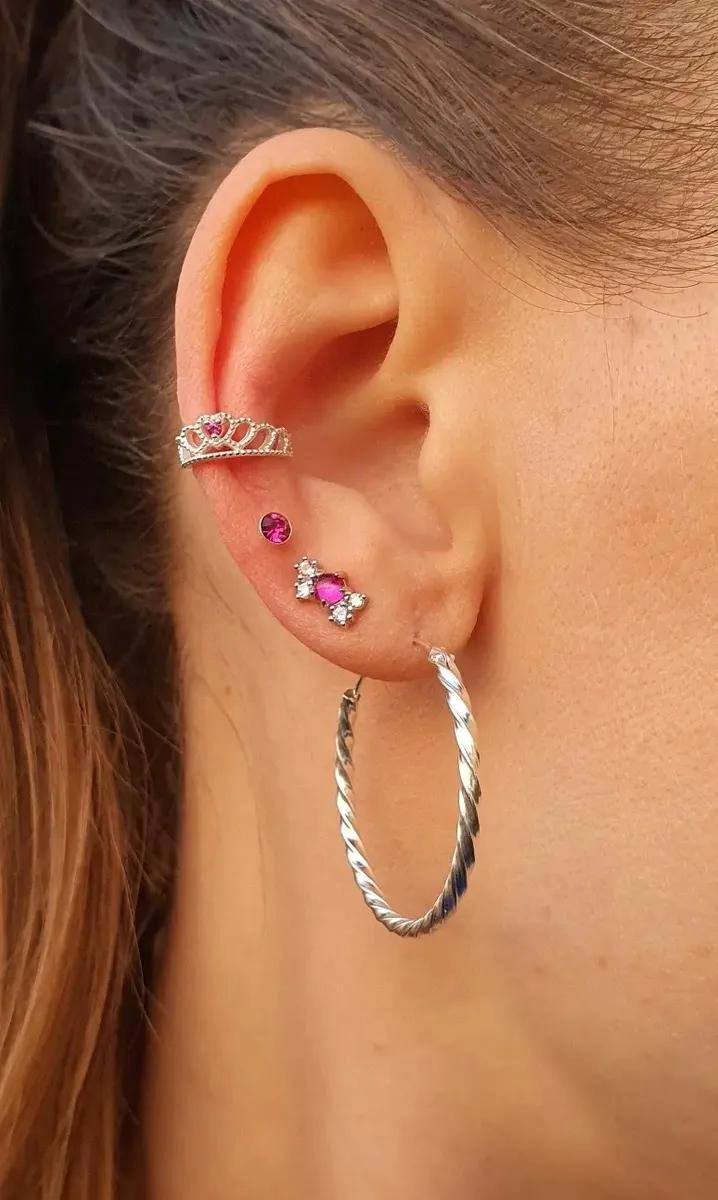 AROS DE PLATA 925 CON CIRCONIA FUCSIA CRISTALINA PARA MUJER Y NIÑA - 2