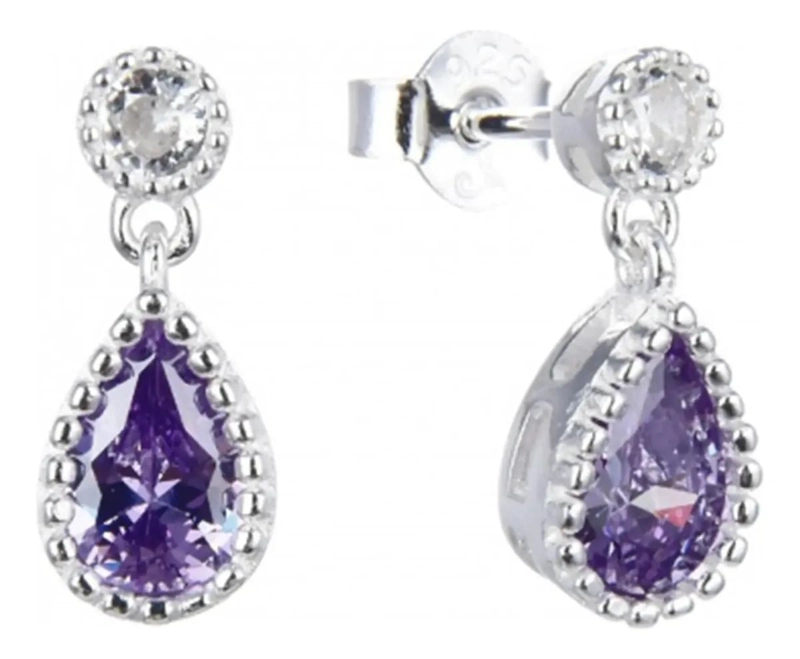 AROS GOTA CON CIRCON FACETADO COLOR MORADO EN PLATA FINA 925 - 1