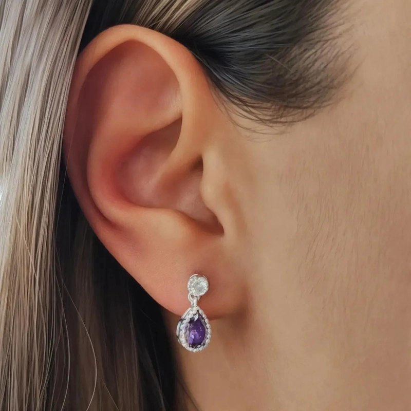 AROS GOTA CON CIRCON FACETADO COLOR MORADO EN PLATA FINA 925 - 4