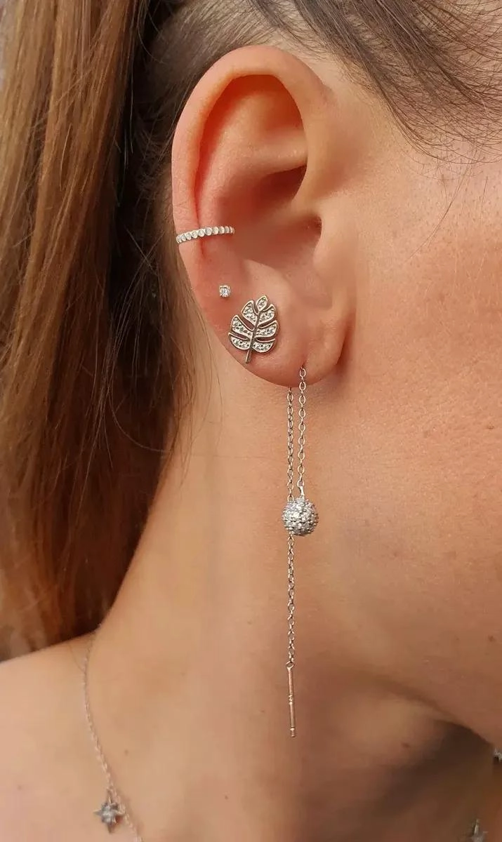 AROS DE PLATA 925 CON DISEÑO DE HOJA MONSTERA Y CIRCONES - 2