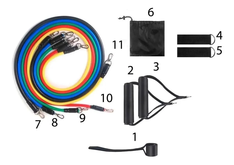 KIT DE BANDAS ELASTICAS DE RESISTENCIA CON 11 PIEZAS Y MANIJAS INCLUIDAS - 1