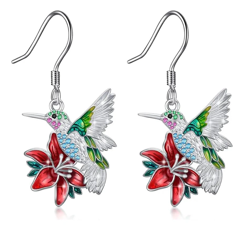 AROS DE PLATA 925 CON DISEÑO DE COLIBRI Y FLOR MULTICOLOR PARA MUJER - 1