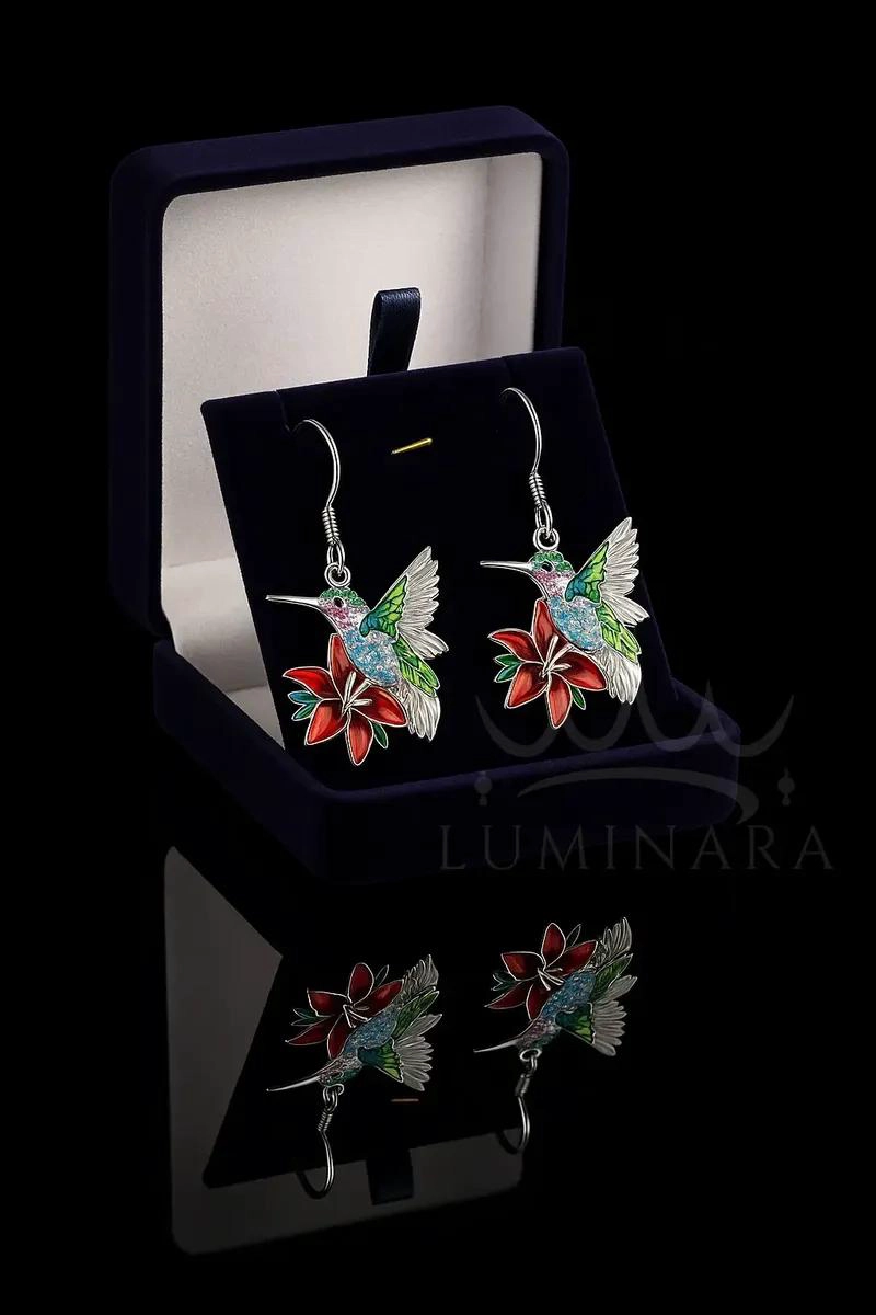 AROS DE PLATA 925 CON DISEÑO DE COLIBRI Y FLOR MULTICOLOR PARA MUJER - 2