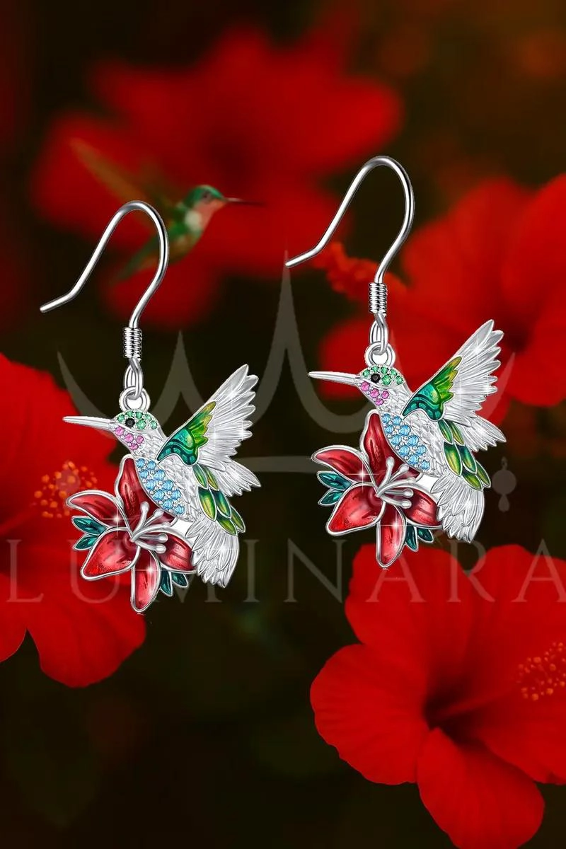 AROS DE PLATA 925 CON DISEÑO DE COLIBRI Y FLOR MULTICOLOR PARA MUJER - 3
