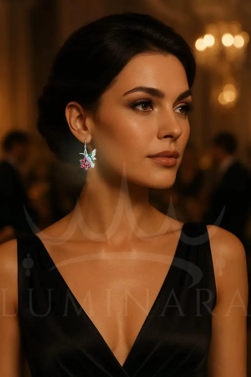 AROS DE PLATA 925 CON DISEÑO DE COLIBRI Y FLOR MULTICOLOR PARA MUJER - 4