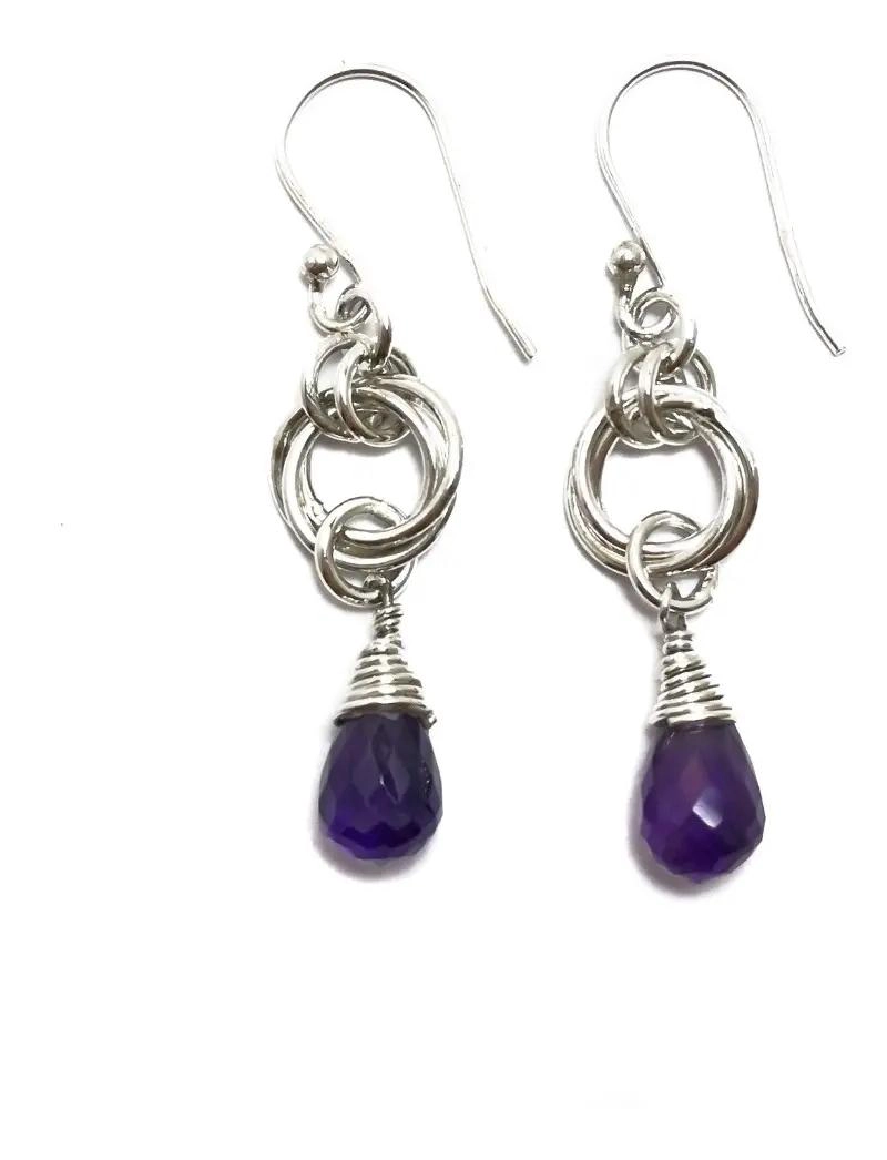 AROS CON PIEDRA NATURAL AMATISTA EN PLATA FINA 925 DE DISEÑO GOTA - 1