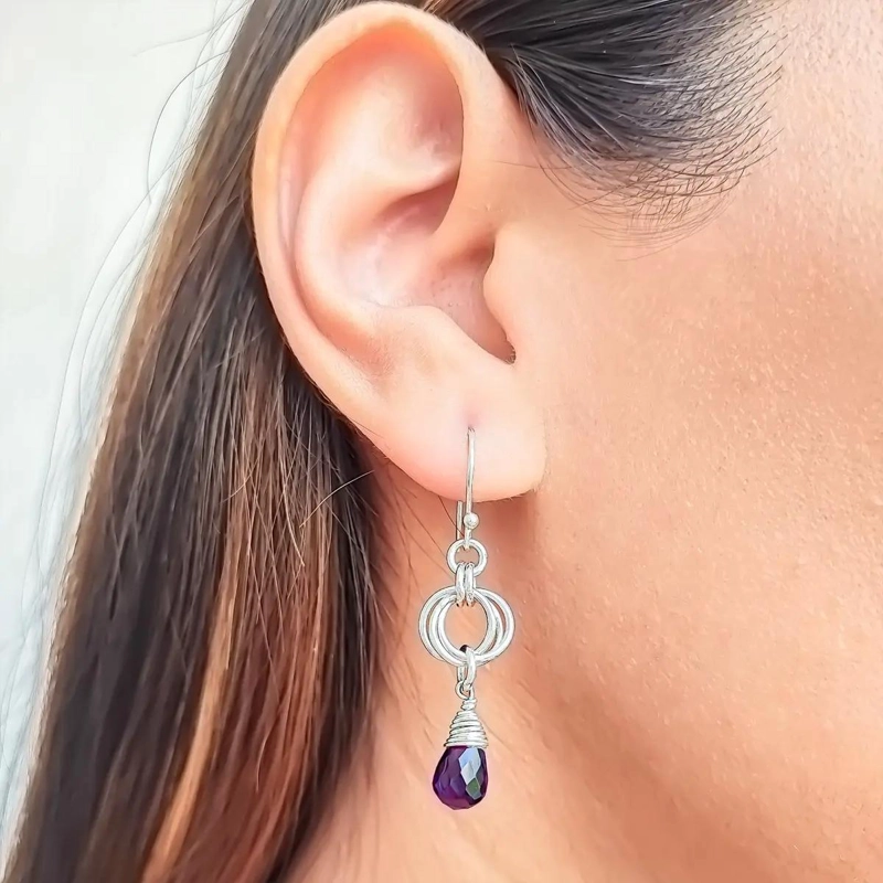AROS CON PIEDRA NATURAL AMATISTA EN PLATA FINA 925 DE DISEÑO GOTA - 2