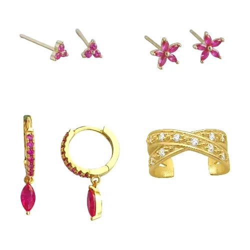 CONJUNTO DE AROS FUCSIA EN PLATA 925 Y ORO PARA MUJER - 1