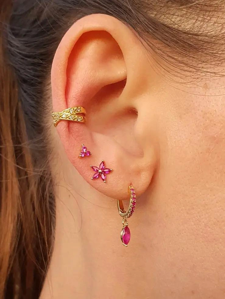 CONJUNTO DE AROS FUCSIA EN PLATA 925 Y ORO PARA MUJER - 2