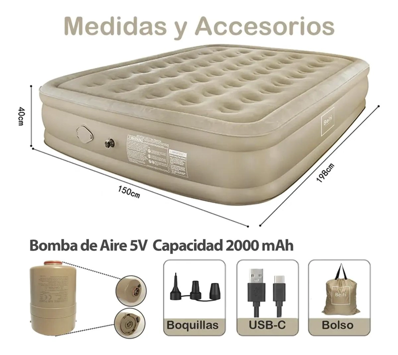 COLCHON INFLABLE ELE CTRICO PARA DOS PERSONAS CON BOMBA RECARGABLE - 2