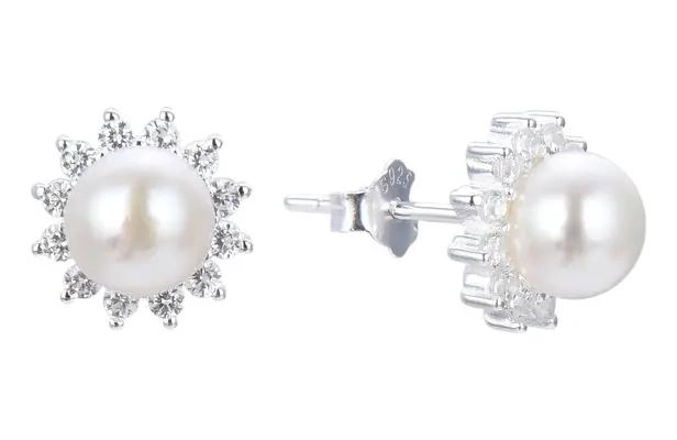 AROS CON DISEÑO DE ROSETA Y PERLA DE RIO EN PLATA FINA 925 - 1