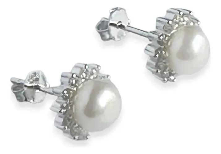 AROS CON DISEÑO DE ROSETA Y PERLA DE RIO EN PLATA FINA 925 - 2