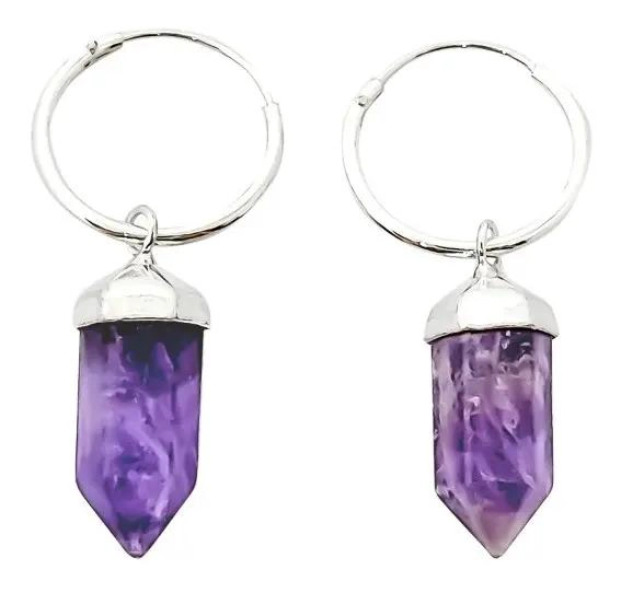 AROS ARGOLLAS CON COLGANTE DE AMATISTA EN PLATA FINA 925 - 1