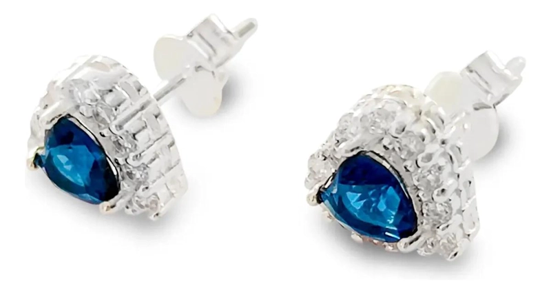 AROS DE PLATA FINA 925 CON DISEÑO DE CORAZON Y CIRCON AZUL - 2
