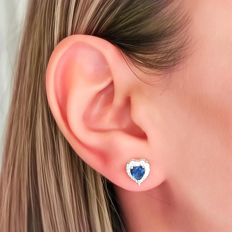 AROS DE PLATA FINA 925 CON DISEÑO DE CORAZON Y CIRCON AZUL - 3