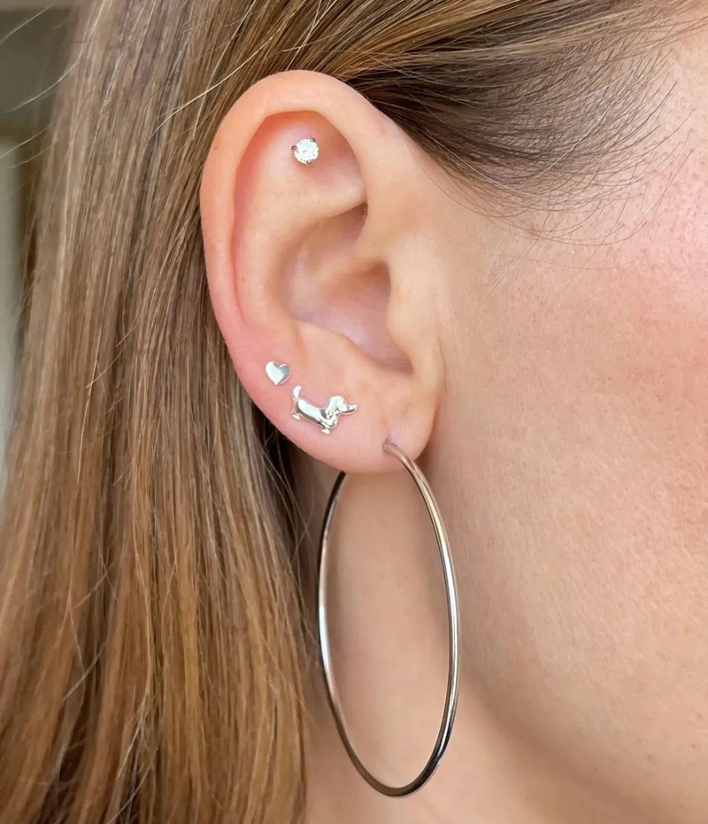AROS PEQUEÑOS CON DISEÑO DE PERRO SALCHICHA EN PLATA 925 - 2