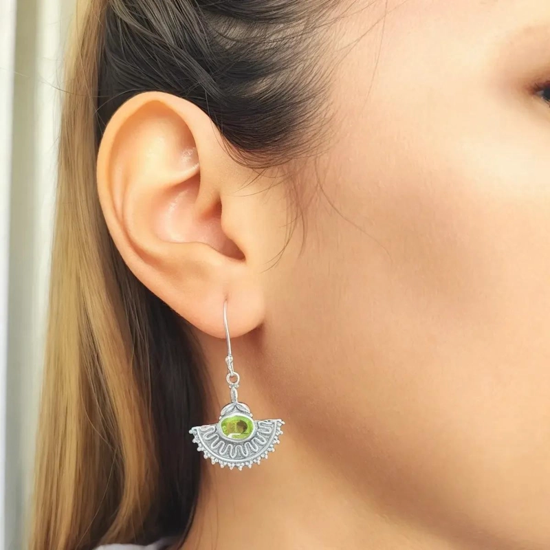 AROS DE PLATA FINA 925 CON PIEDRA PERIDOTO NATURAL - 4