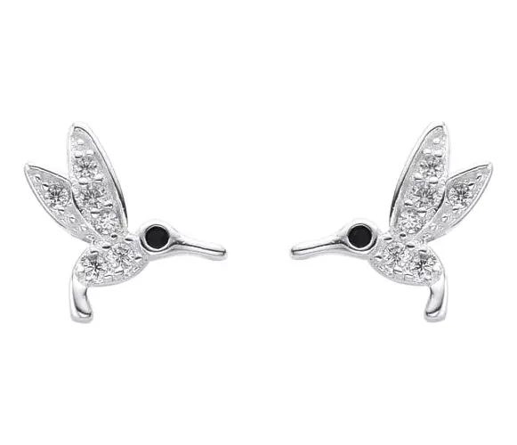 AROS DELICADOS CON DISEÑO DE COLIBRI Y CIRCON BLANCO EN PLATA FINA 925 - 1