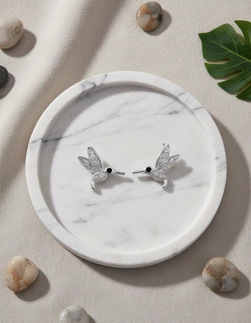 AROS DELICADOS CON DISEÑO DE COLIBRI Y CIRCON BLANCO EN PLATA FINA 925 - 4