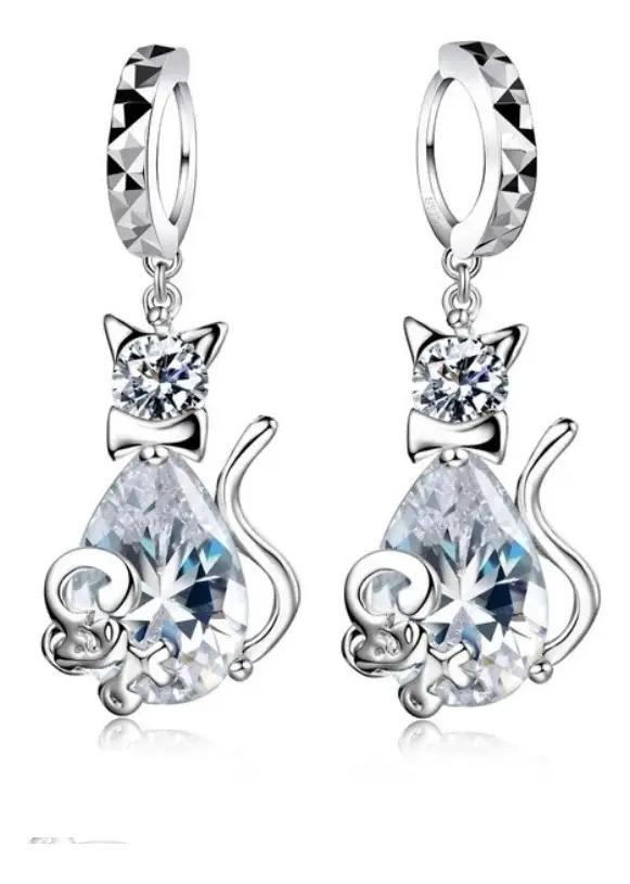 PENDIENTES DE PLATA 925 CON DISEÑO DE GATO Y CIRCONES BRILLANTES - 1